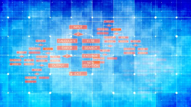 A striking 3d rendering of pc algorithms on celeste and blue surfaces covered with square grids, sparkling spots, and connected diamond and rectangular red icons.