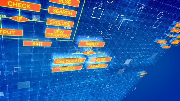 A fabulous 3drendering of electronic algorithms in the bright blue background with shining dots, white grates, connected rhombus and rectangular red buttons with golden commands.