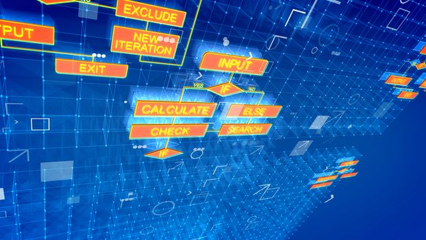 A marvelous 3d illustration of pc algorithms in the blue background with shimmering spots, angles, arrows, white grids, rhombus and rectangular red icons with golden commands.
