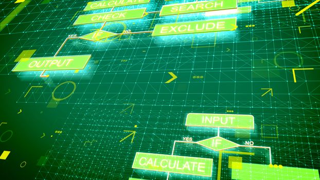 A volumetric 3d illustration of electronic algorithms beaming in the dark green background put askew with tablets, lines, arrows, squares, spots and such words as output, input. 