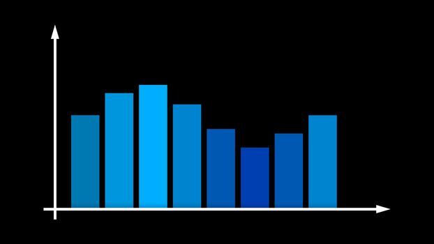 An impressive 3d rendering of a bar graph with blue and celeste columns fluctuating up and down between two axes with spiky arrows and indicating profit in the black backdrop.