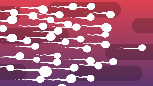 A cheerful 3d illustration of dashing white spermatozoids with curvy tails covering the light violet and purple backdrop with oval black pipes. They look aggressive and lively