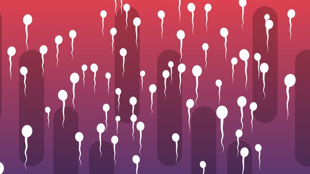 A gorgeous 3d rendering of dashing vertically white spermatozoids with waving tails covering the light violet and purple background with oval black tubes. They look enthusiastic