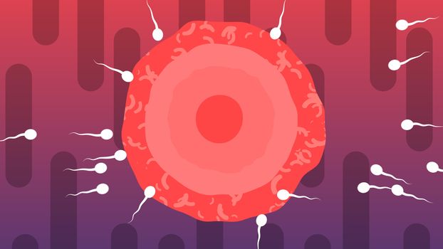 An optimistic 3d illustration of competing white spermatozoids encircling big red ovum from all sides in the violet and purple background. Two of them win and turn into a champs.