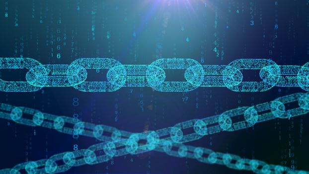 A holographic 3d illustration of a see-through chain protecting the cyberspace against the falling symbols of a digital matrix in the blue background. It looks reliable and tough.