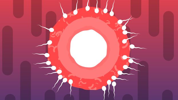 A hilarious 3d illustration of rival white spermatozoids encircling big red ovum from all sides in the violet and purple background. One of them grows big in the center.