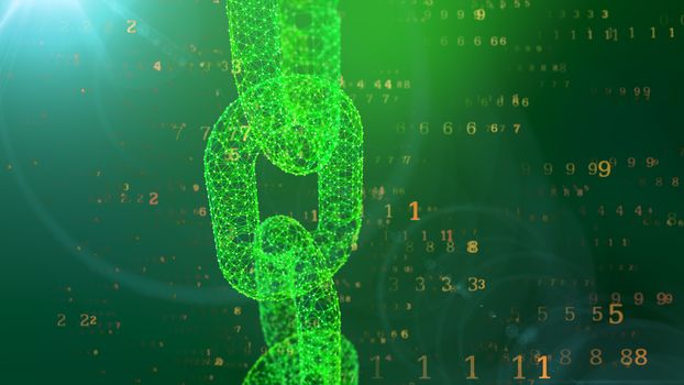 A computer graphic 3d illustration of a moving vertically shining chain protecting the space against the flying yellow digits of a programmed matrix in the green background