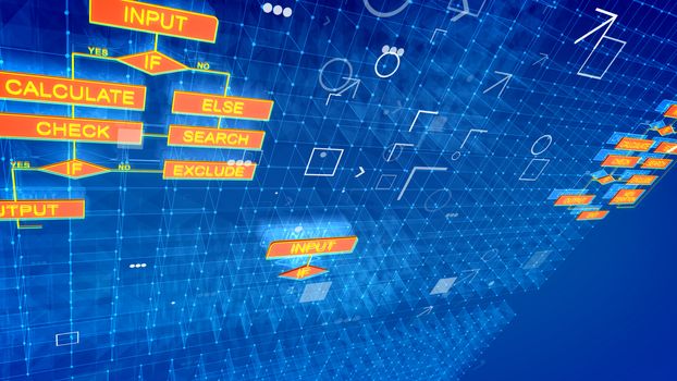An arty 3d illustration of computer algorithms on several bright blue surfaces full of shining dots, cubic grids, connected rhombus and rectangular red icons with golden words.