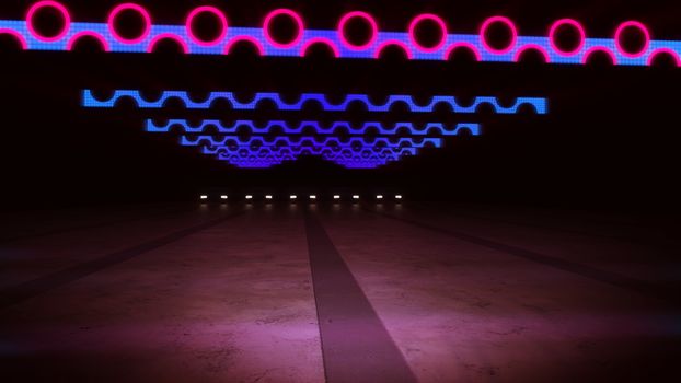 A wonderful 3d illustration of blue neon stripes with black spots in rosy circles in an underground passage in the dark violet background with shining spots faraway