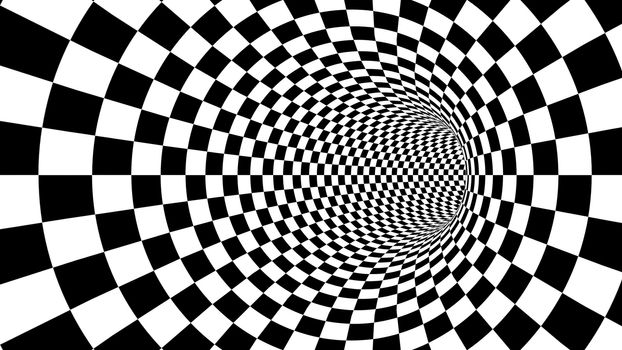 A mesmerizing 3d illustration of an optical illusion created by black and white squares looking like a tunnel from chessboards creating the mood of magic and art.