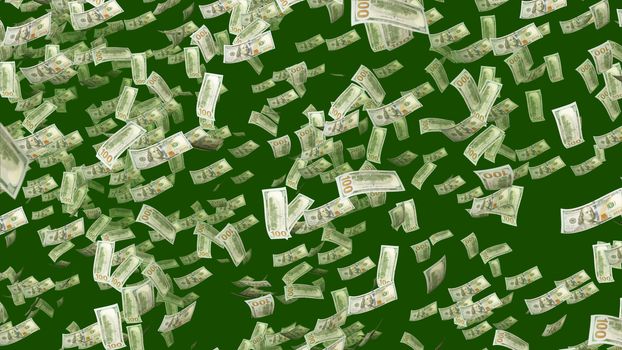 An impressive 3d illustration of flying horizontally and vertically American one-hundred-dollar banknotes in the khaki background. They spin and coil in optimistic and confident way.