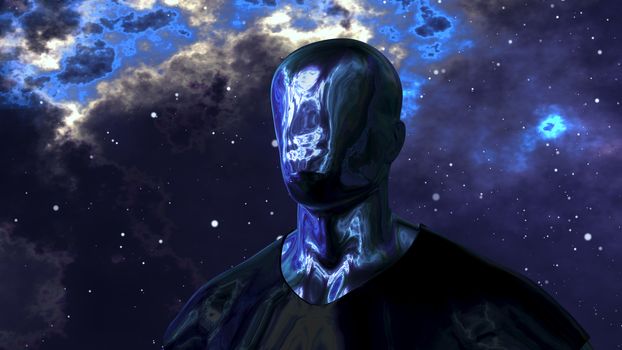 A fantastic 3d illustration of an android looking man without eyes, lips and nose but with shining metallic face and body. The black and blue cosmos moves behind his strong body.