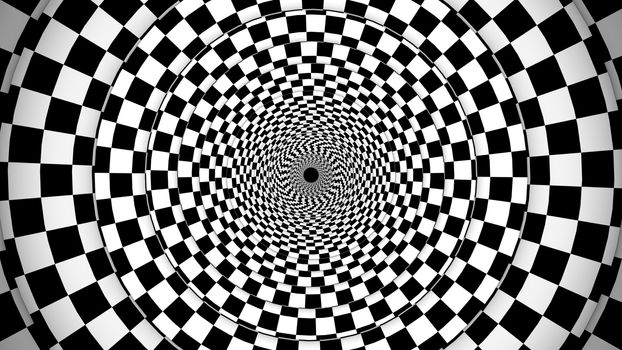 An optical art 3d illustration of a symmetrical illusion formed by black and white squares making a huge tunnel from chessboards creating the mystic and magic spirit.