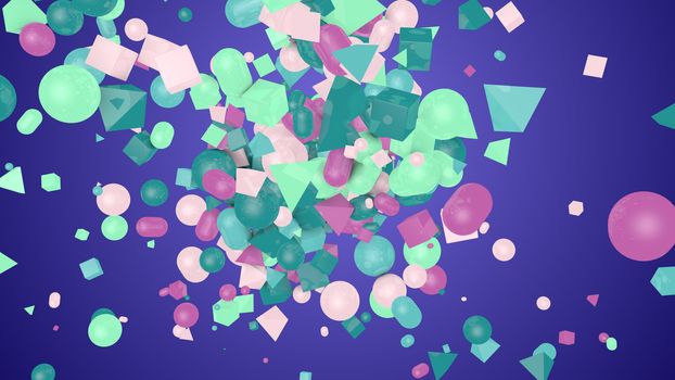 A cheerful 3d illustration of random shape violet background from colorful balls, squares, pills, lozenges, pyramids, cubes, whirling and flying optimistically around.