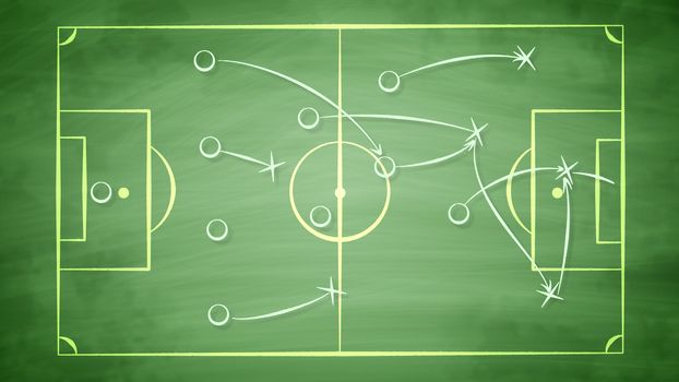 A smart 3d illustration of a football field covered with zeroes and arrows. It shows how the team should give passes to score a goal and to win the rival players. It looks winning