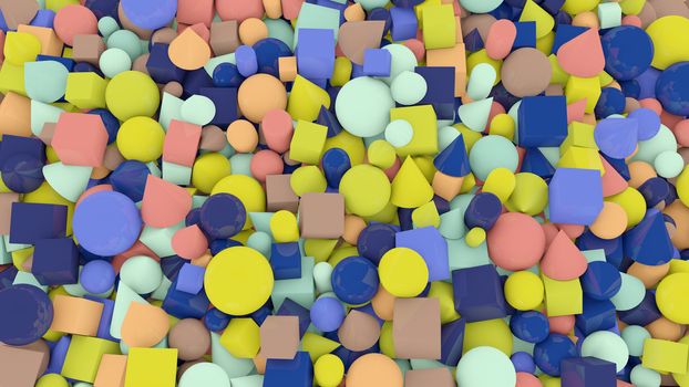 A jolly 3d illustration of casual shape background from numerous and multicolored balls, squares, pills, lozenges, pyramids, cubes, covering the whole background cheery.