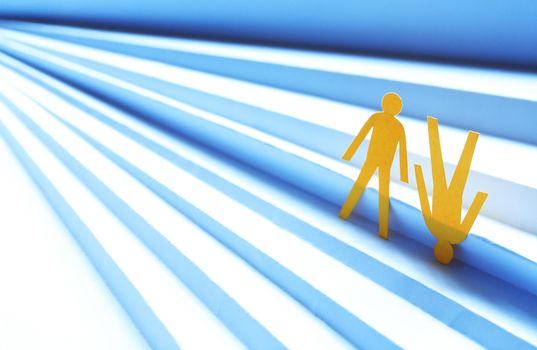 Meeting concept. Two paper men made from yellow paper standing on staircase against light