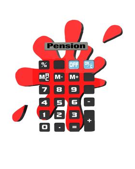 Calculator with red 3D blob on white background. Calculate concept pension or pension. Save money for retirement