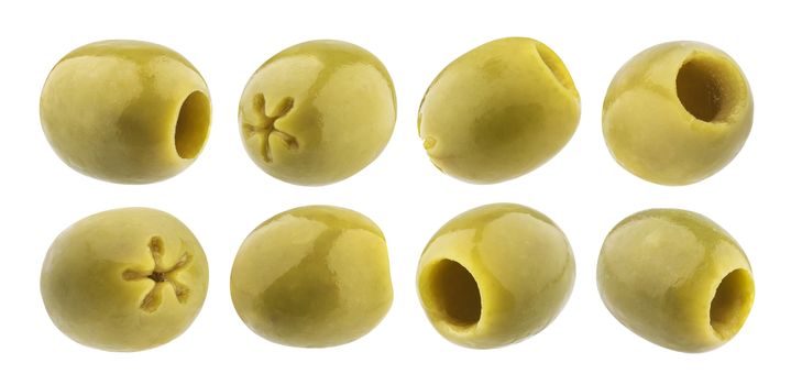 Pitted olives collection. Green olive isolated on white background with clipping path, close up
