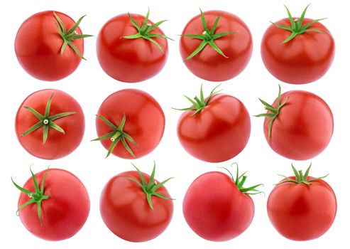 Tomatoes isolated. Fresh tomato set isolated on white background with clipping path