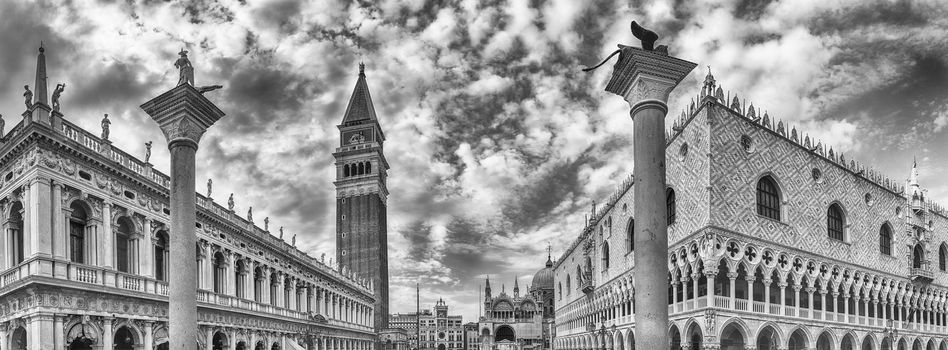 Scenic panoramic view of the beautiful architecture of the buildings around St. Mark's Square, major landmark and sightseeing in Venice, Italy