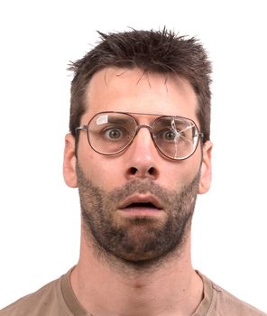 Goofy man with broken vintage glasses - Isolated on white