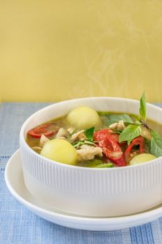 Green curry with chicken and mix vegetables in white bowl