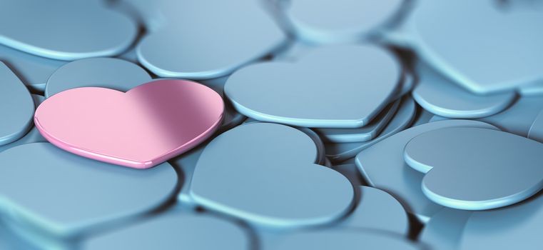3D illustration of many blue heart shapes background and a pink one. Abstract concept of love and tenderness.