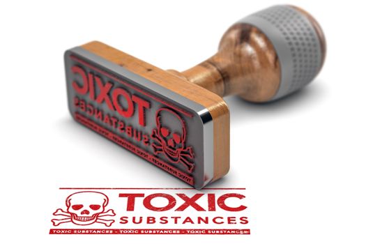 3D illustration of a rubber stamp with the text toxic substances stamped over white background