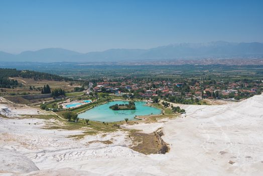 Panoramic view of Pammukale near modern city Denizli, Turkey. One of famous tourists place in Turkey.