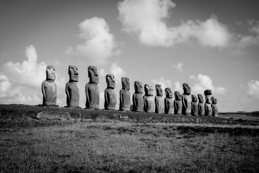 Moais statues, ahu Tongariki, easter island, Chile. Black and white picture
