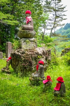 Narabi Jizo statues landmark in Kanmangafuchi abyss, Nikko, Japan