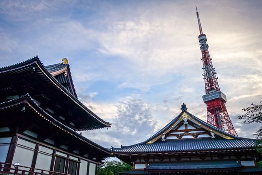 Zojo-ji temple and Tokyo tower at sunset, Japan