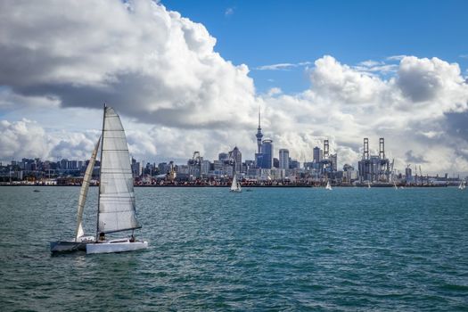 Auckland city center view from the sea and sailing ship, New Zealand