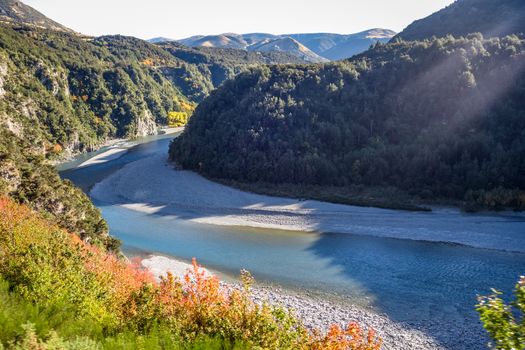 Mountain canyon and river landscape in New Zealand alps