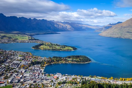 Lake Wakatipu and Queenstown aerial view, New Zealand