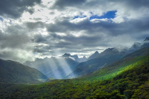 Fiordland national park stormy landscape, New Zealand southland