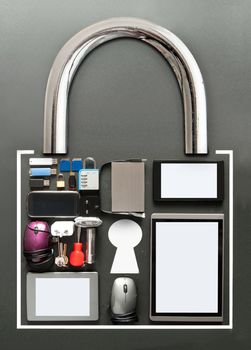 Vrious devices including tablets, computer mouse, usb cards in the shape of a padlock on a chalkboard background