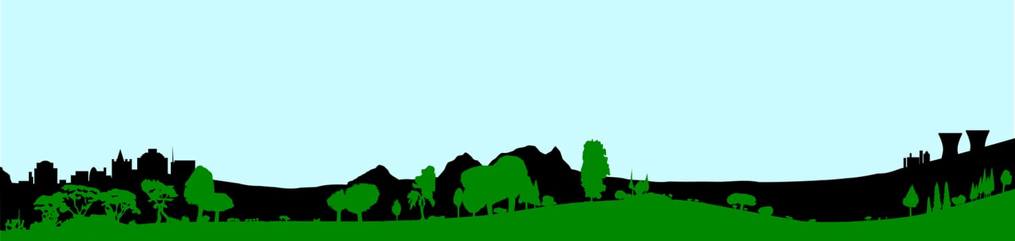 Silhouette of a wooded foreground set on a hill background with buildings and a pale sky