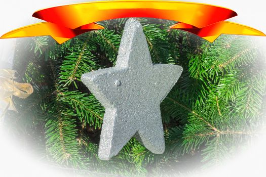Silver Christmas star on the Christmas tree vignettiert over it a banner with copy space.