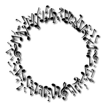 A circle of black mucical notes set over a white background