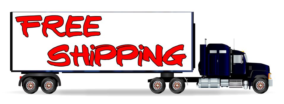 The front end of a large lorry over a white background with FREE SHIPPING inscription
