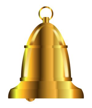 A large brass or gold bell with clapper and ring over a white background