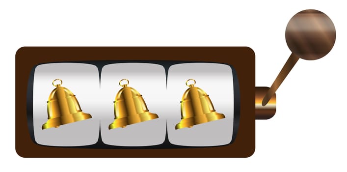 A typical cartoon style three bells on a spin of a one armed bandit or fruit machine over a white background