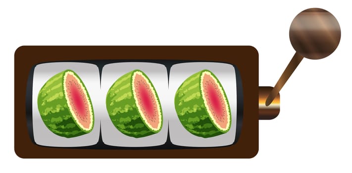 A typical cartoon style three cantaloupe or melon on a spin of a one armed bandit or fruit machine over a white background