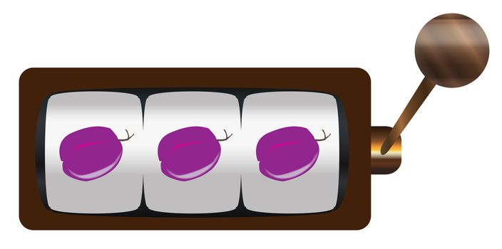 A typical cartoon style three plum on a spin of a one armed bandit or fruit machine over a white background