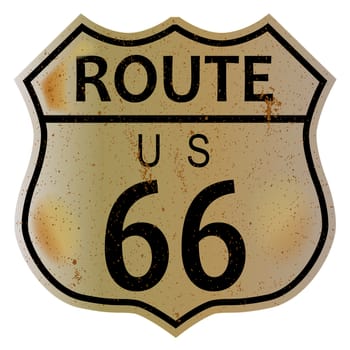 Very old route 66 traffic sign over a white background and the legend ROUTE US 66