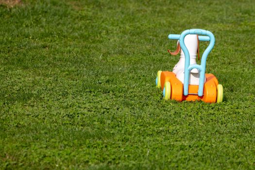 Toy truck on grass, abandoned toy, childs play