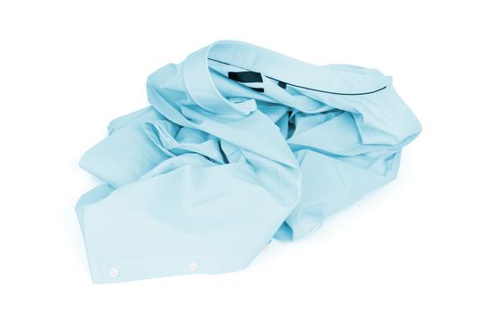 Unfolded blue man shirt on white background - Unfolded, laundry