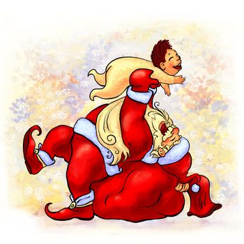 Marry gay Santa Claus Ded Moroz holds a happy laughing child in his arms and lies on a large red bag filled with gifts. Colorfull illustration for registration of advertising works, greeting cards and packaging